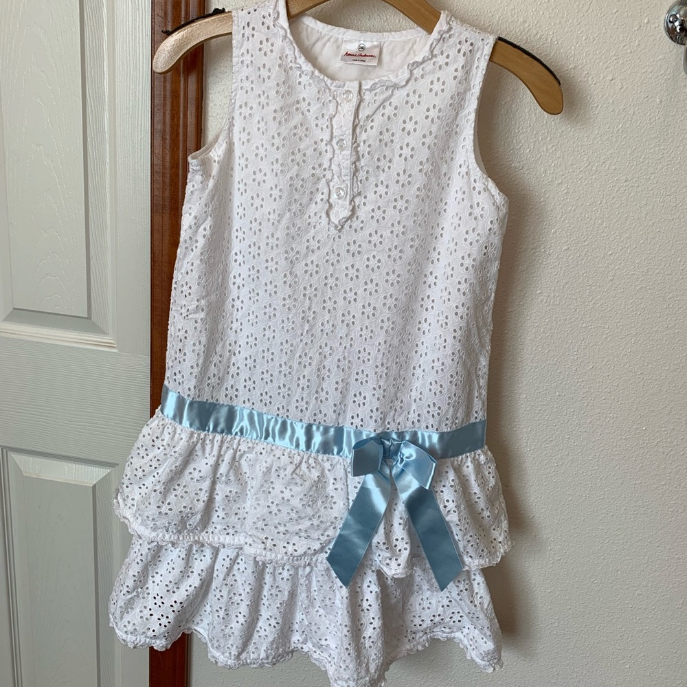 Hanna Andersson White Ruffle Dress Blue Ribbon 10